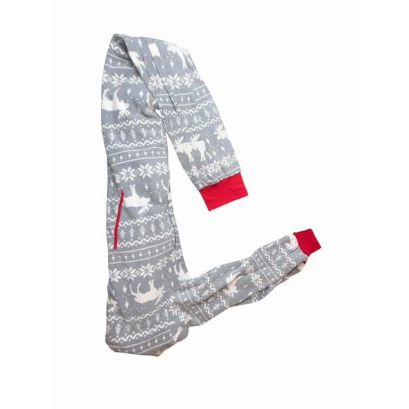 Tipsy Elves XL Fleece Hooded One Piece Pajamas Gray Moose Fair Isle Zip Up Adult - Picture 10 of 10